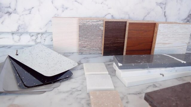 Furniture production. Catalog of samples of materials for kitchen countertops, facades made of artificial stone, plastic, laminate and chipboard