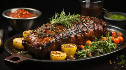 Culinary Extravaganza: Exquisite High-Class Dishes, Succulent Meat, Seafood Delights, and Gourmet Pizzas in Captivating Fine Art Food Imagery, Enhanced by Generative AI