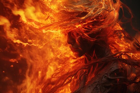 Girl on fire, close-up of fire. Generative AI