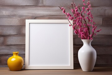Blank white mockup with space for text. nearby beautiful bright multi-colored flowers in a vase