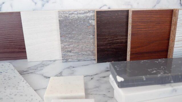 Furniture production. Catalog of samples of materials for kitchen countertops, facades made of artificial stone, plastic, laminate and chipboard