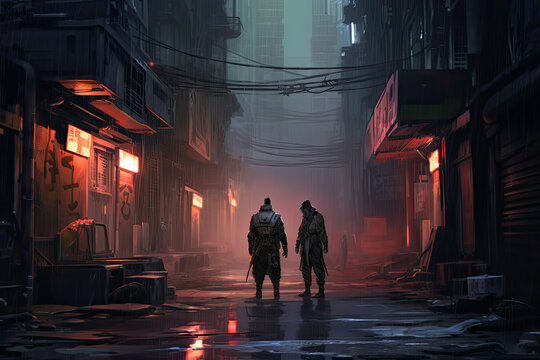 Cyberpunk Samurai Duel in the Alley