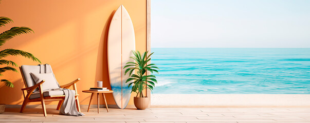 Interior of living room with surfboard, armchair and houseplant. 