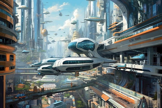 Transport of the future in a gigantic futuristic megopolis. Abstract background for a science fiction book. Generative AI.