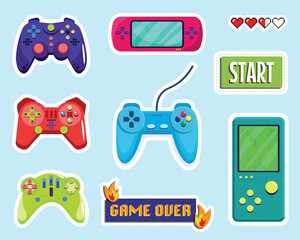 Set of cute video game stickers in cartoon style. Vector illustration of multicolored stickers with wired and wireless joysticks, Start and Game over inscriptions isolated on blue background.