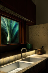A White Sink Sitting Under A Window In A Bathroom