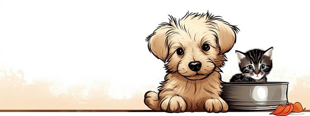 illustration one cute dog with a bowl for food on a plain background space for text