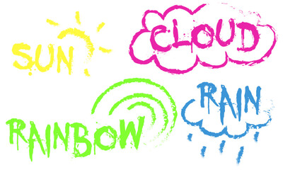 A set of inscriptions Sun, Rain, Cloud, Rainbow with drawings. Bright words written in pencil on a white background. Juicy modern inscription. Stylish font typography. Quote on postcards, invitations
