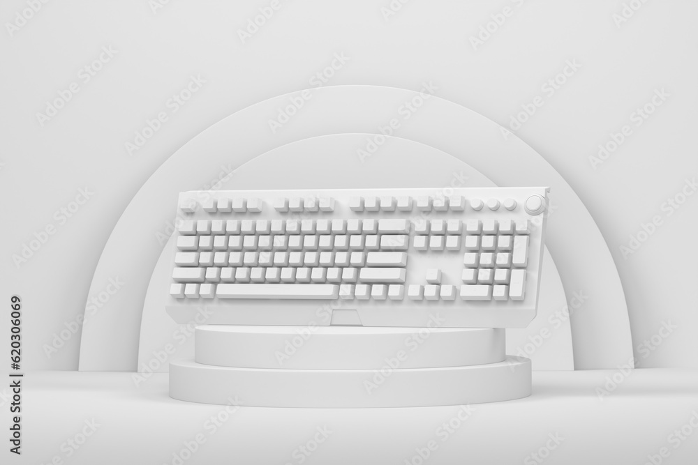 Poster realistic computer keyboard on cylinder podium with step on monochrome