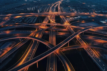Expressway top view. Aerial view of highway multilevel junction interchange road. Generative AI - obrazy, fototapety, plakaty