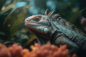 Obraz premium Iguana in the tropical rainforest. Lizard in the jungle. Generative AI