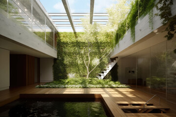 Living walls, roof gardens, sunrooms and spaces that transition from interior to exterior. Generative AI