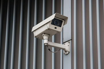 Security camera on modern building. CCTV on the wall in the city. Generative AI
