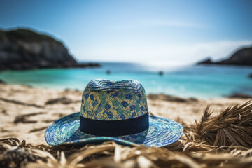 A tropical beach setting with a straw hat in the foreground. Beach holiday concept. Generative AI