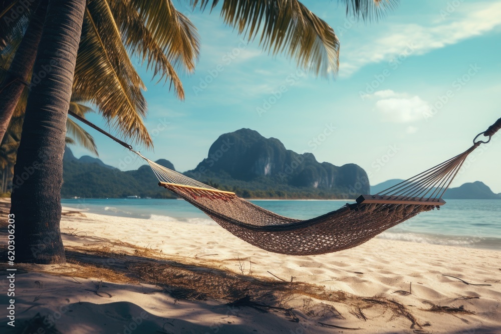 Poster hammock on the sandy beach with mountain in the background generative ai