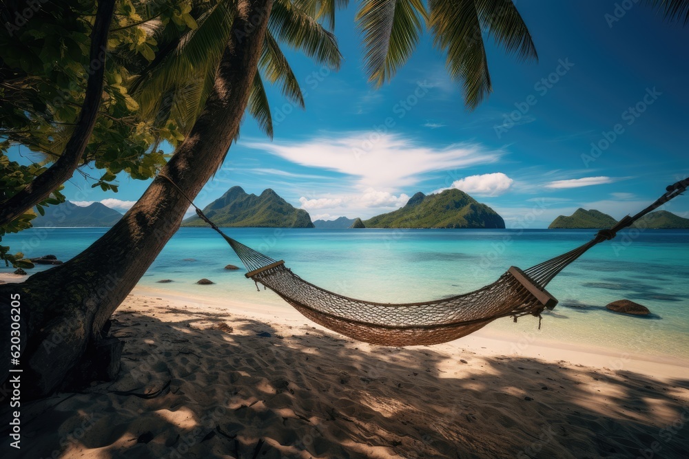 Poster a hammock hanging from a palm tree in front of a tropical island generative ai