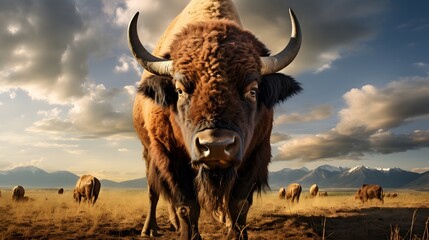 The front view of an American buffalo on the western plains, with a herd of buffalo  in the background, close up