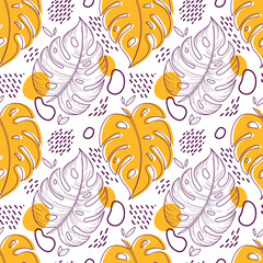 Vector seamless pattern of yellow hand drawn tropical monstera leaves. Natural floral background for wrapping paper, print, fabric, web, wallpaper. Foliage texture