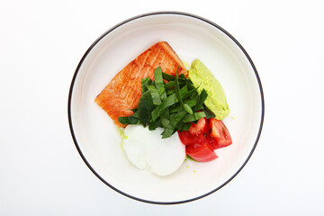 Breakfast with poached egg and red fish. Healthy breakfast.Natural omega.Flat lay.Top view. Copy space.Isolated object.