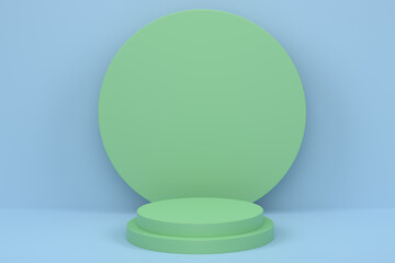 Pastel green cylinder podium with steps on blue background