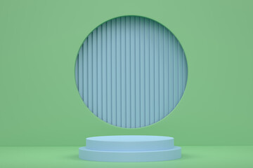 Pastel green cylinder podium with steps on blue background