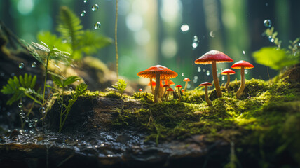 macro of mushrooms in the forest - Powered by Adobe