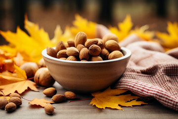 nuts in a bowl autumn fall picnic with yellow orange fall autumn leaves