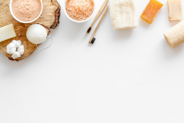 Organic cosmetic set with bamboo toothbrushes and massage sponge