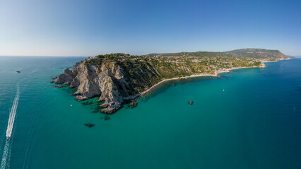 Italy, July 2023: aerial view of a crystal clear Caribbean sea at Capo Vaticano near Tropea in Calabria