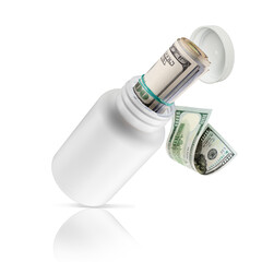 Pieniądze ukryte w białej butelce na lekarstwa.  Z butelki wylatuje rulon pieniędzy.  Setki , tysiące dolarów w opakowaniu medycznym. Może oznaczać łapówki lub drogie leczenie. - obrazy, fototapety, plakaty