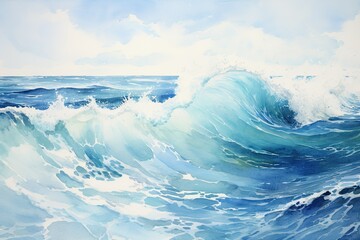 waves seascape painted in blue watercolor - obrazy, fototapety, plakaty