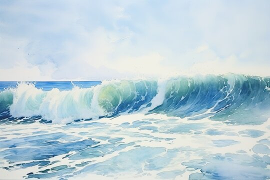 waves seascape painted in blue watercolor