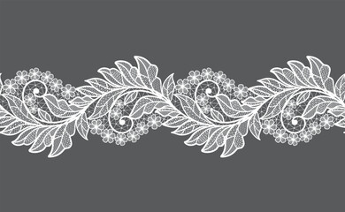 Seamless floral background with white lace leaves.Vector white lace branches with flowers