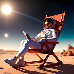 Astronaut on mars sitting on a chair sun space planet ai, ai generated