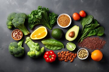 top view of Healthy food clean eating selection:fruit, vegetable, seeds, superfood, cereals on gray concrete background
