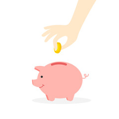 Hand puts coins in a piggy bank. Money savings concept. Vector illustration in a trendy flat style isolated on white background.