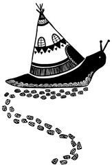 Camping Schnecke auf Reisen Schwarzweiß Illustration 