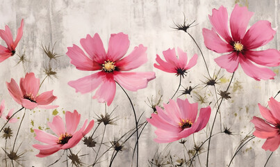  a painting of pink flowers on a white wall with a yellow center.  generative ai
