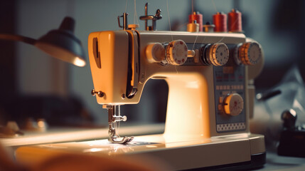 A sewing machine sewing a clothes
