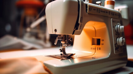 A sewing machine sewing a clothes