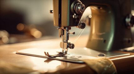 A sewing machine sewing a clothes