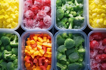 frozen fruits and vegetables in the freezer in plastic containers ecology concept