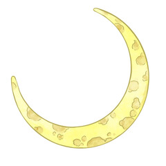 Illustration of a thin moon with craters. Yellow moon with thin edges and craters. For printing on clothes, dishes, children's clothing, toys and other products, as well as for use as a design element