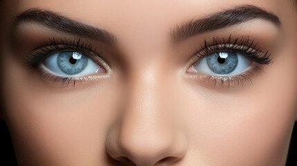 Naklejka premium Young beautiful woman with blue eyes, closeup detail to her face, both iris visible. Generative AI