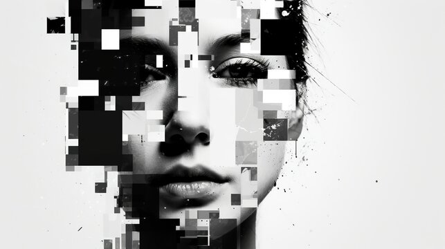 Pixelated image of a young woman's face. Face defragmented. Psychology and identity concept. Generative AI. Illustration for cover, card, postcard, interior design, decor or print.