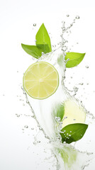 A slice of lime annd mint leaves falling into the water on white background. Generative AI. Digital wallpaper for social media stories or artistic design.