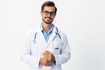 Man doctor in white coat and eyeglasses smile shows hand gestures signs on white isolated background looks into camera, copy space, space for text, health