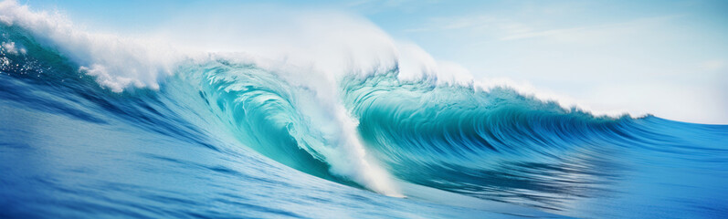 Big breaking blue ocean wave. Surfing summer wave banner - Generative AI