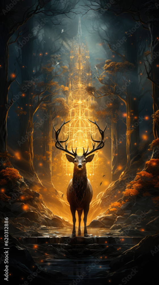 Poster a deer standing in the middle of a forest. generative ai.