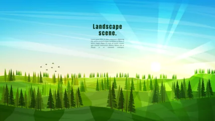 Deurstickers Peaceful landscape. Vector illustration. Flat cartoon polygonal style. Wallpapers in natural style. Green forest trees on meadows. Blue cloudy sky with sunbeams. Slopes, relief. Web banner design © VVadi4ka